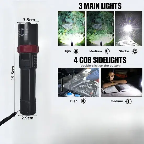 Đèn Pin Chiến Thuật 2025 Telescopic Zoom - Sạc USB, Hiển Thị Năng Lượng Kỹ Thuật Số - Đèn Laser Trắng LED Ngoài Trời hình ảnh 1-description