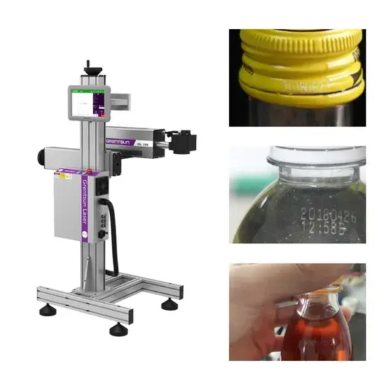 Máy in laser hiện đại dành cho in nhãn trên nắp kim loại của chai đựng sữa và nước trái cây hình ảnh 1-description