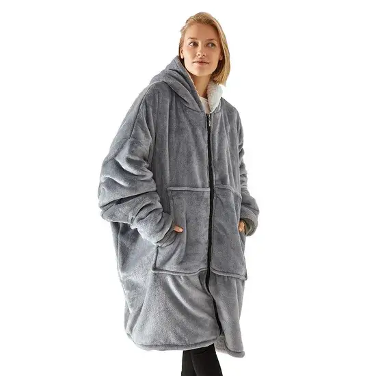 Hoodie zip lên xanh dành cho cả người lớn và trẻ em, với chất liệu Sherpa êm ái và giữ ấm hình ảnh 1-description