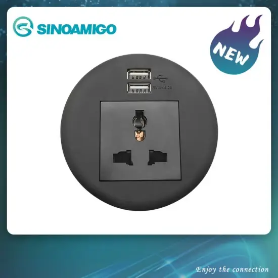 Bảng điện grommet bền bỉ với mặt nhựa đen, 2 ổ cắm điện & cổng USB đôi cho bàn làm việc hình ảnh 1-description