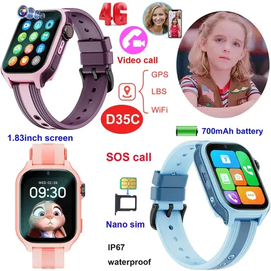 Đồng hồ thông minh GPS giám sát an toàn cho trẻ em, có tính năng gọi video, phù hợp làm quà sinh nhật cho bé trai và bé gái - model 4G D35C hình ảnh 1-description