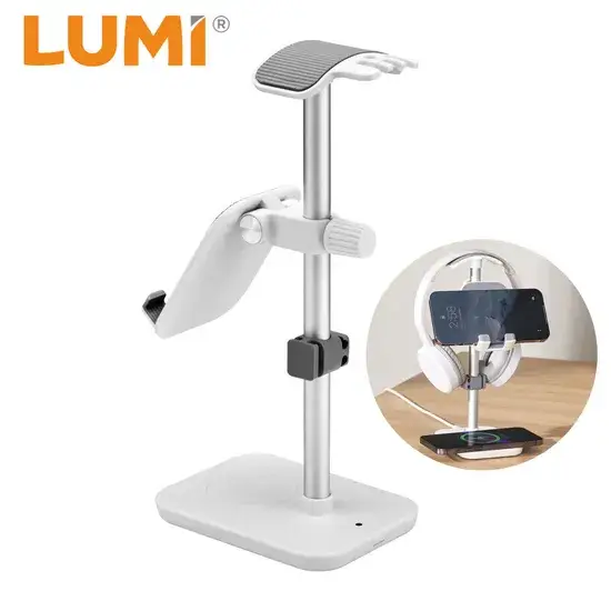 Giá đỡ tai nghe bằng nhôm tích hợp trạm sạc và bộ sạc không dây 15W, giá đỡ điện thoại điều chỉnh góc và chiều cao hình ảnh 1-description