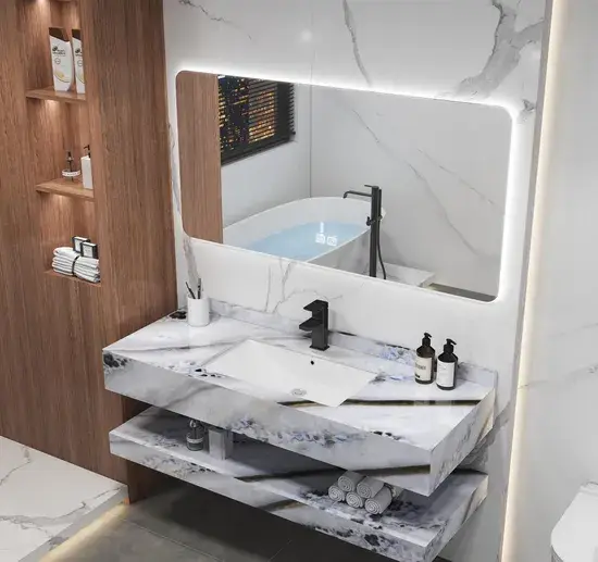 Tủ phòng tắm gỗ chất lượng cao với chậu đá cẩm thạch cho khách sạn hiện đại hình ảnh 1-description