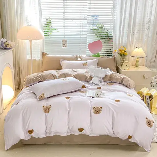 Bộ ga trải giường cưới màu đỏ có thiết kế Hàn Quốc với ren thêu, bao gồm bốn món vải cotton twill hình ảnh 1-description