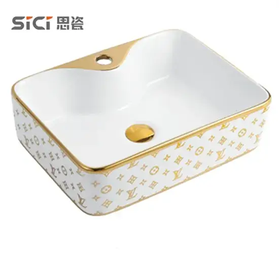 Bồn rửa gốm sứ vàng nghệ thuật cho phòng tắm với lỗ lắp đặt hiện đại hình ảnh 1-description