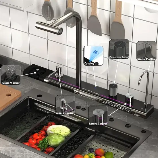 Bồn rửa đôi hình cá voi xanh có tính năng vòi xoay linh hoạt và bộ phận phân phối xà phòng tích hợp hình ảnh 1-description