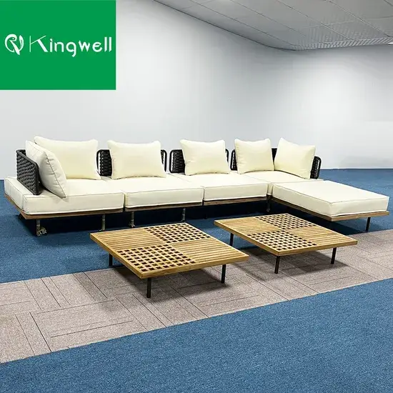 Bộ ghế sofa ngoài trời hình chữ L làm từ gỗ teak và có đệm chống thấm nước hình ảnh 1-description