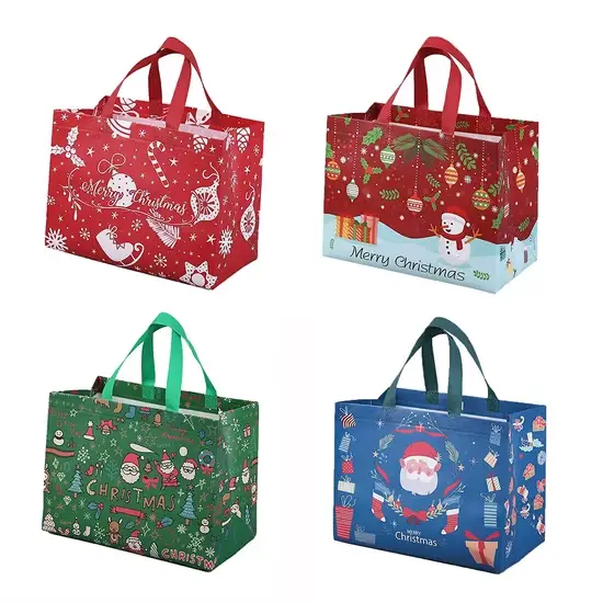 Túi mua sắm thân thiện với môi trường cho mùa Giáng Sinh - Túi không dệt Ông Già Noel và người tuyết, tiện lợi khi gấp gọn và có tay cầm hình ảnh 1-description