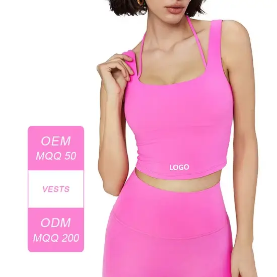 Áo ngực thể thao hai mảnh màu nude mới, thiết kế cổ halter và đệm ngực, áo vest yoga chống sốc với dây đai spaghetti hình ảnh 1-description