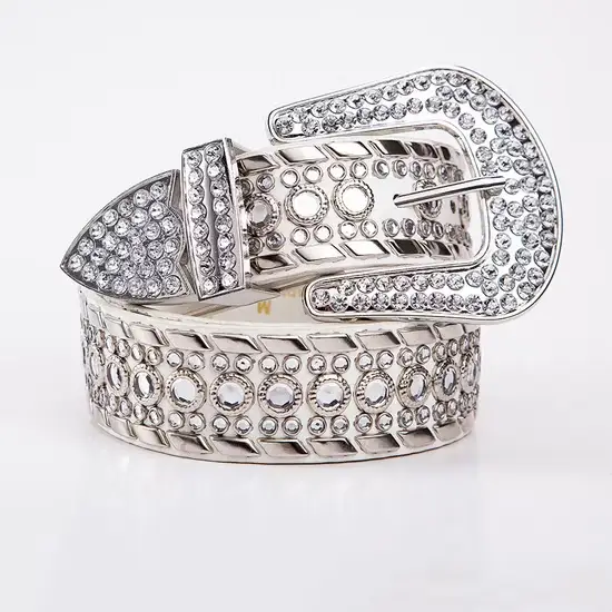 Dây nịt nam sử dụng đá rhinestone trắng, làm thủ công từ pha lê, có dây nịt da cá sấu cho nam từ chất liệu da PU hình ảnh 1-description
