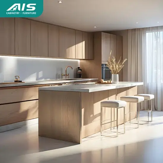 Tủ bếp lưu trữ hiện đại sử dụng sơn bóng AIS 2025 - Giải pháp tổ chức đảo bếp và nội thất bếp hình ảnh 1-description