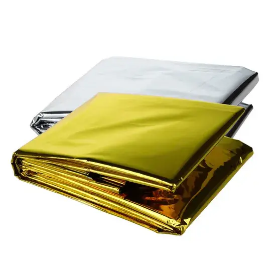Chăn nhiệt cứu hộ aluminized Mylar màu vàng bạc dành cho ngoại trời, phân phối sỉ hình ảnh 1-description