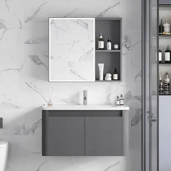 Tủ trang điểm phòng tắm treo tường màu trắng gỗ tự nhiên, chậu rửa đá, giá phòng tắm ưu đãi hình ảnh 1-description