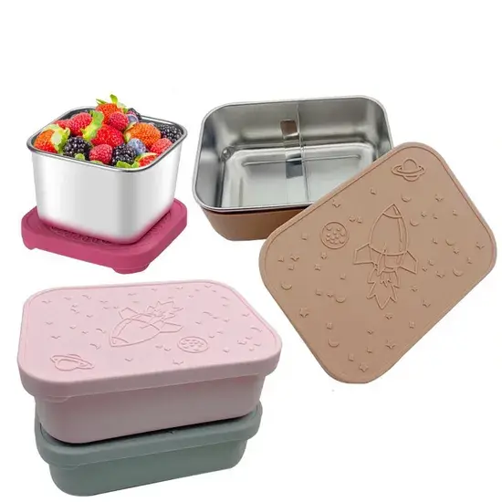Hộp đựng bento cho bé có ngăn chia tháo rời, làm từ thép không gỉ và silicone an toàn cho lò vi sóng, chống rò rỉ, phù hợp để đựng bánh sandwich, đồ ăn nhẹ và salad cho bé hình ảnh 1-description