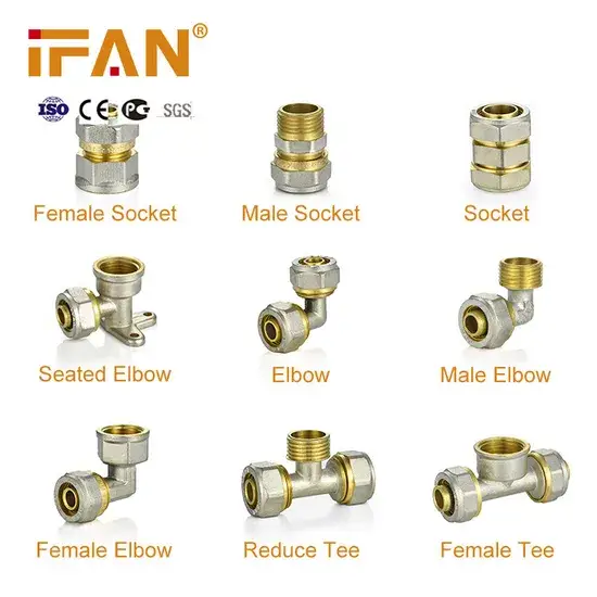 Phụ kiện nối ống Pex Ifan 20-32mm - Cút đôi màu, chữ T, phụ kiện nén đồng Pex hình ảnh 1-description