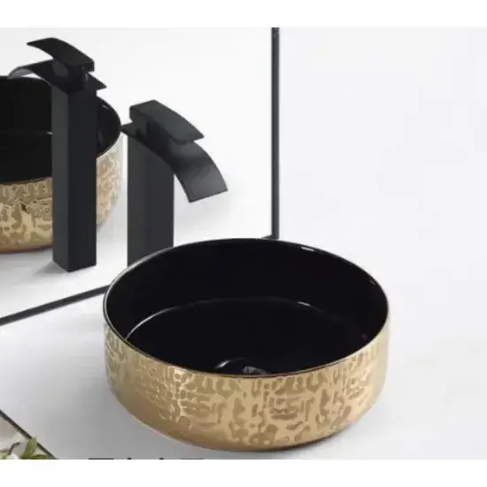 Bồn chậu tròn gốm sứ họa tiết filigree vàng, mặt ngoài và mặt trong đen hình ảnh 1-description